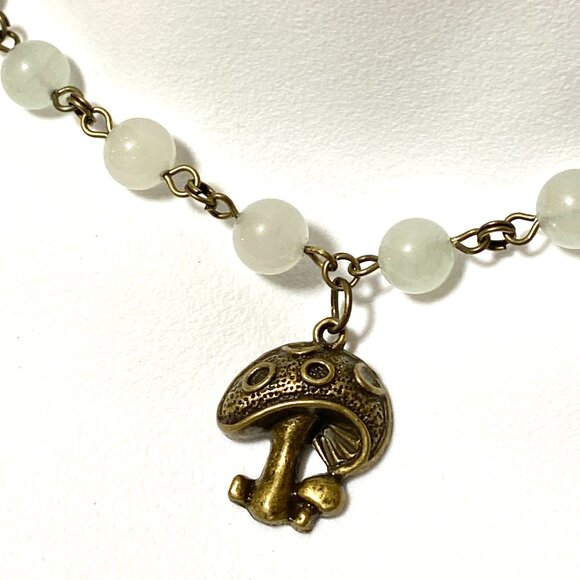 Natural Pale Green Aventurine Necklace, Bronze Round Mushroom+ Genuine Gemstone - Picture 1 of 14